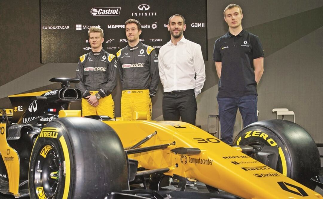 Palmer, Hulkenberg, Sirotkin y Abiteboul, en el lanzamiento. (ALAN WALTER LIVEPIC. REUTERS)