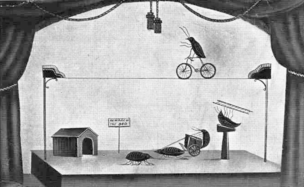 Ilustración de un circo de pulgas. Lo que en su momento se consideró habilidad de los “profesores” para enseñar ciertos trucos a las pulgas, ahora podría verse como crueldad animal. Foto: ESPECIAL/Pinterest.