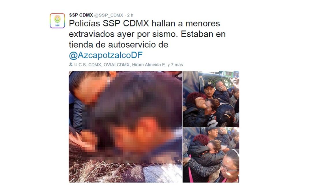 Today Mexico City Police Deparment informed on Twitter that the children were found hiding at a supermarket. (Photo: Taken from Twitter @SSP_CDMX)