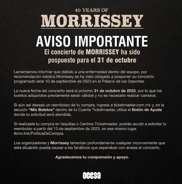 Morrissey pospone fecha para su concierto en México. Foto: Ocesa