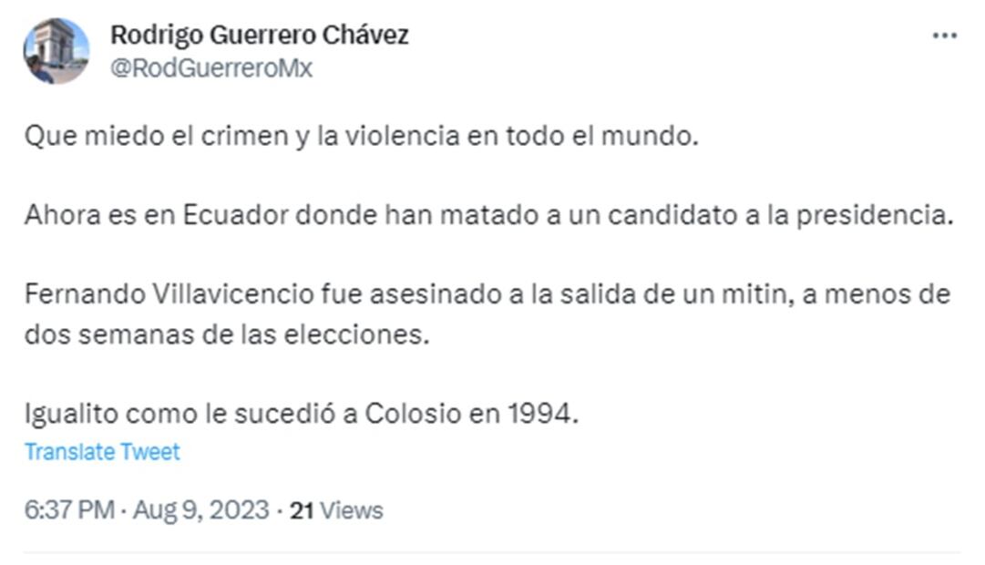 Evocan a Colosio tras asesinato de Fernando Villavicencio en Ecuador. Foto: Twitter