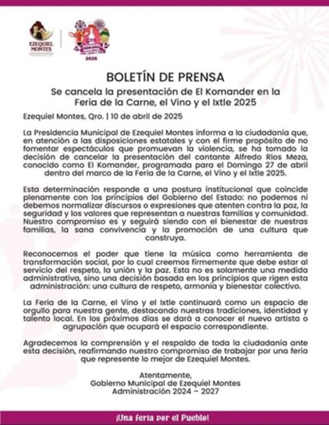 Mediante este mensaje, las autoridades anunciaron la cancelación del concierto de El Komander. Foto: Captura de pantalla.