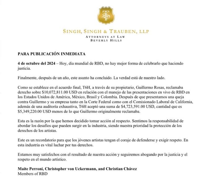 Tres de los cinco integrantes de RBD lanzan comunicado, relacionado al proceso legal en contra de Guillermo Rosas, su ex mánager. 
Foto: Instagram