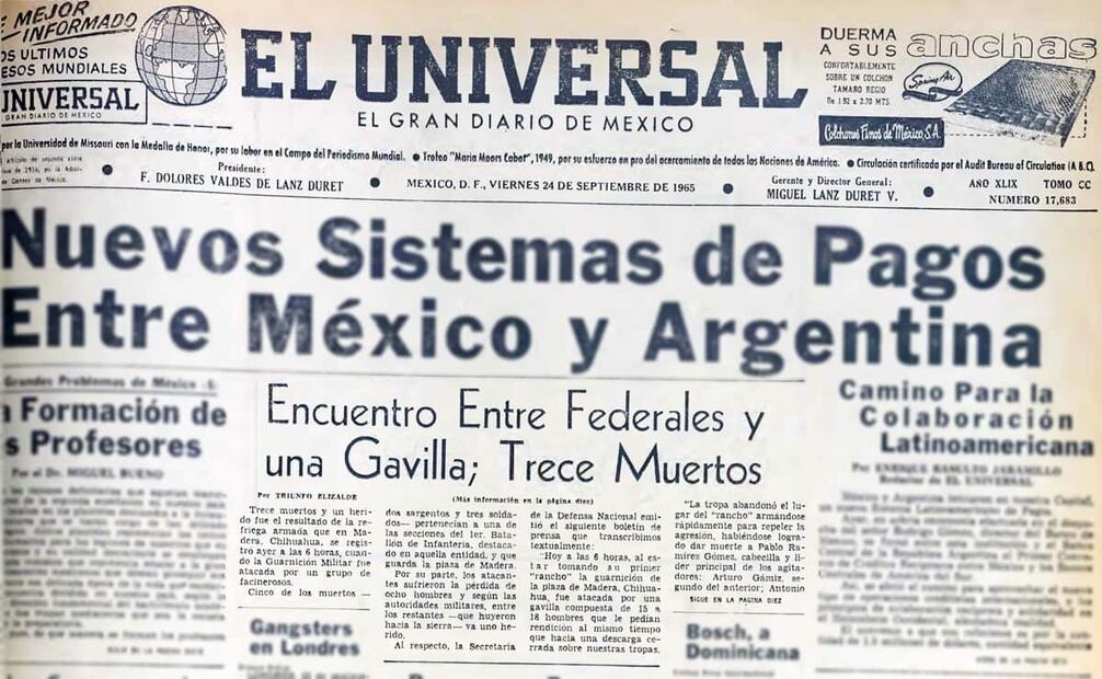 Primera plana de EL UNIVERSAL del 24 de septiembre de 1965, con los primeros datos sobre el asalto en Madera, Chihuahua. Foto: Hemeroteca EL UNIVERSAL.