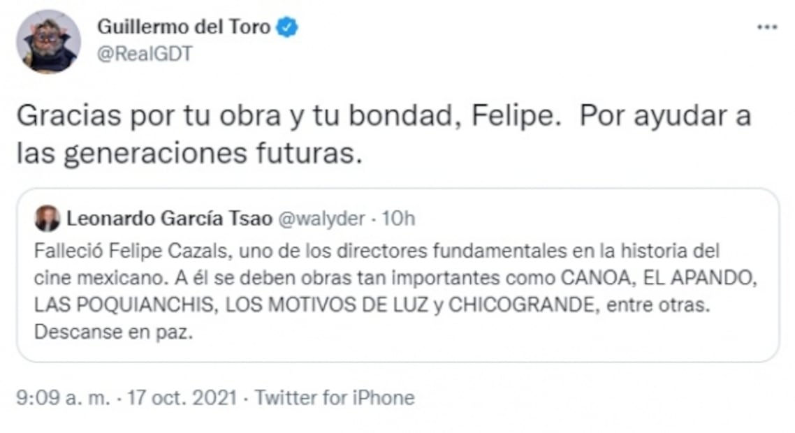 Guillermo del Toro lamenta muerte del cineasta Felipe Cazals