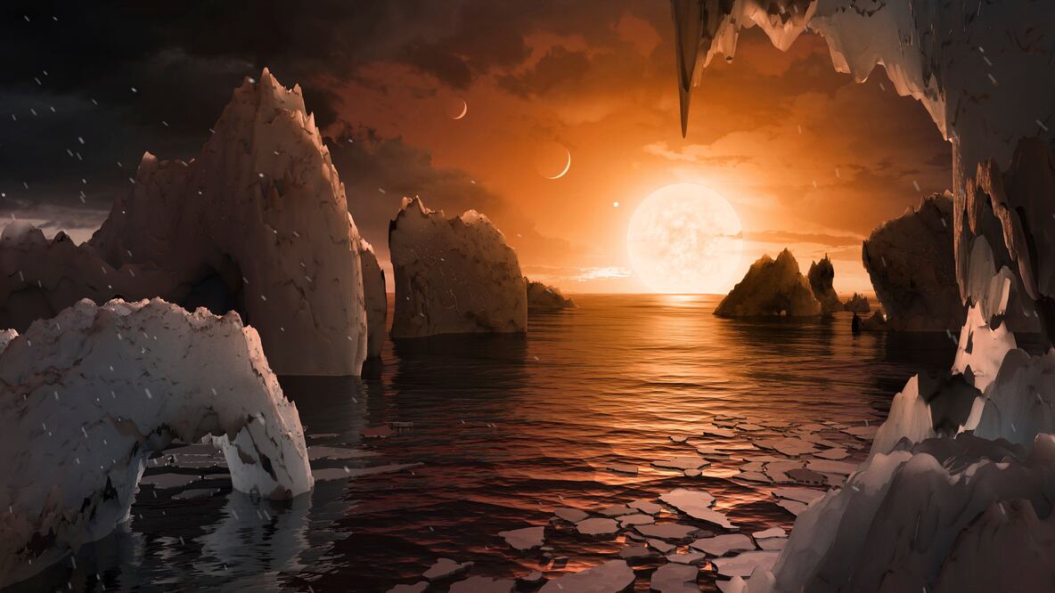 Bosquejo artísitco de lo que puede parecer la superficie del exoplaneta TRAPPIST-1f, basada en los datos disponibles sobre su diámetro, masa y distancias desde la estrella anfitriona (Foto: AP)