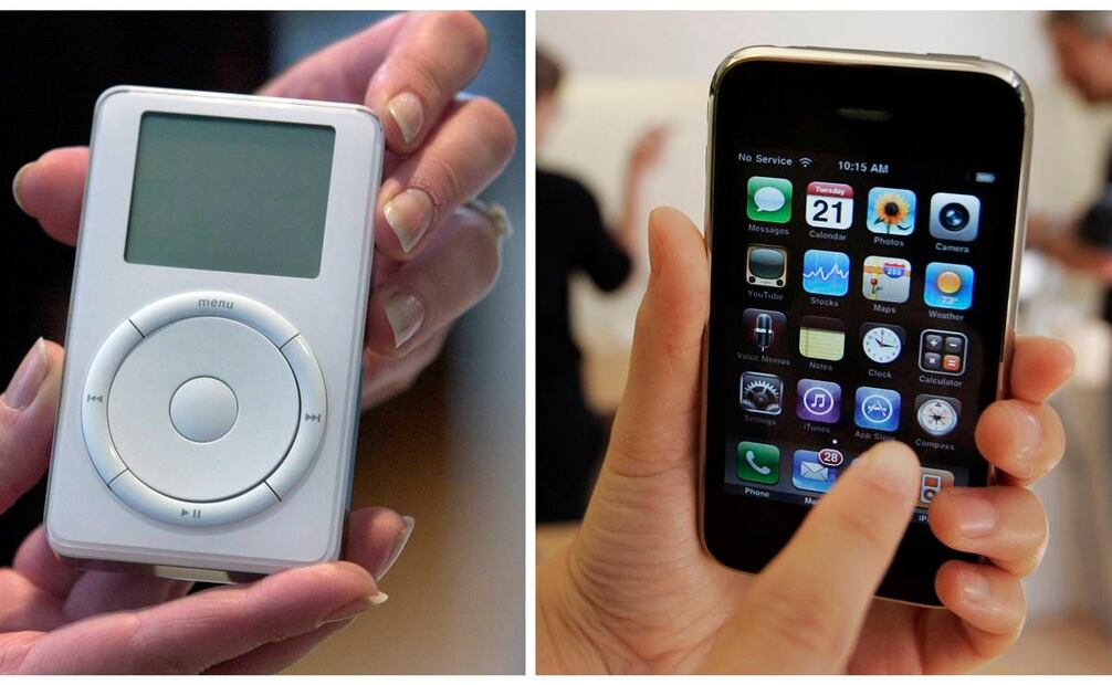 Una comparativa entre la primera generación del iPod (izq.) y el primer iPhone (der.) nos ayuda a entender lo mucho que la tecnología se ha compactado e integrado. Hoy, las funciones del primer aparato son sólo una app más en los teléfonos inteligentes. Fotos: AP.