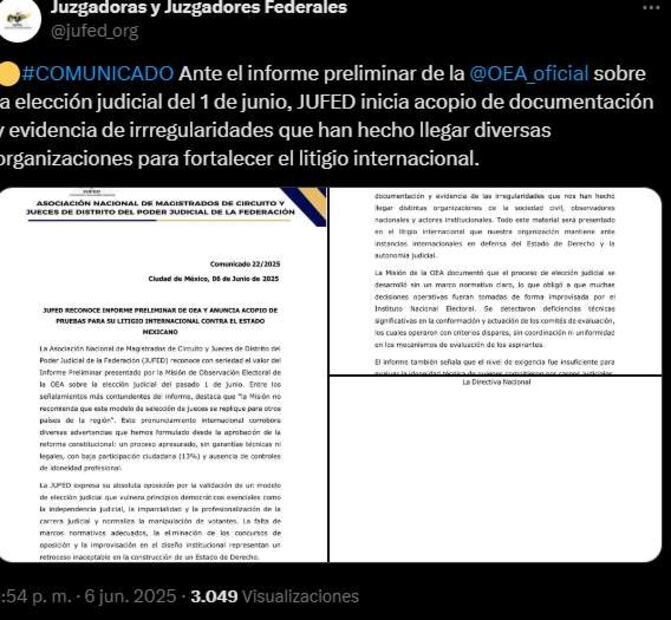 Comunicado de la JUFED. Foto: Captura de pantalla