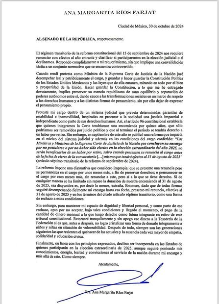 La ministra de la SCJN, Margariuta Ríos Farjat, se suma a los ministros que renuncian al retiro establecido en la reforma judicial. Foto: Especial