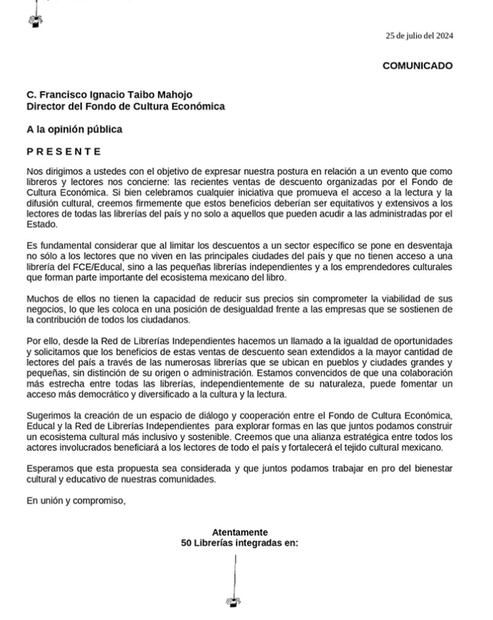 Comunicado de la Red de Librerías Independientes, firmado el 25 de julio del 2024.
Imagen: Facebook