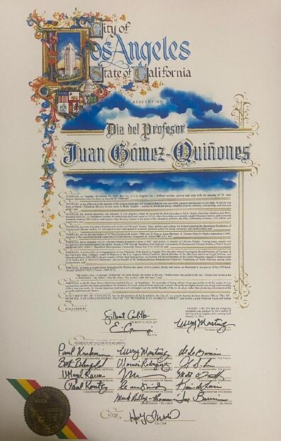 Reconocimiento del Día del profesor Juan Gómez-Quiñones en Los Ángeles.
Imagen: Cortesía de Álvaro Huerta