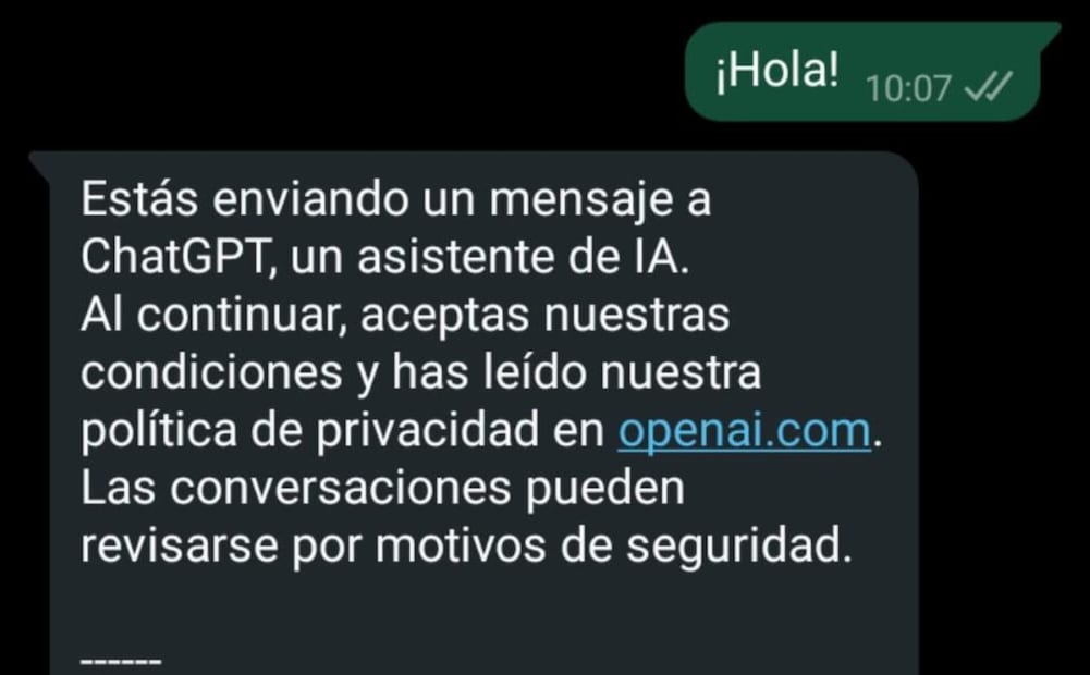 Paso a paso: cómo hablar con ChatGPT desde WhatsApp. Imagen: captura de pantalla