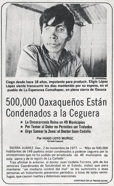 “500 mil oaxaqueños condenados a la ceguera”, reporte en EL UNIVERSAL sobre la oncocercosis. En repetidas ocasiones se denunciaron irregularidades que aumentó la transmisión, pues braceros y propietarios de cafetales contrataron a personas portadoras del parásito y las llevaron a poblados sanos, a pesar de la prohibición gubernamental. Foto: Hemeroteca EL UNIVERSAL.