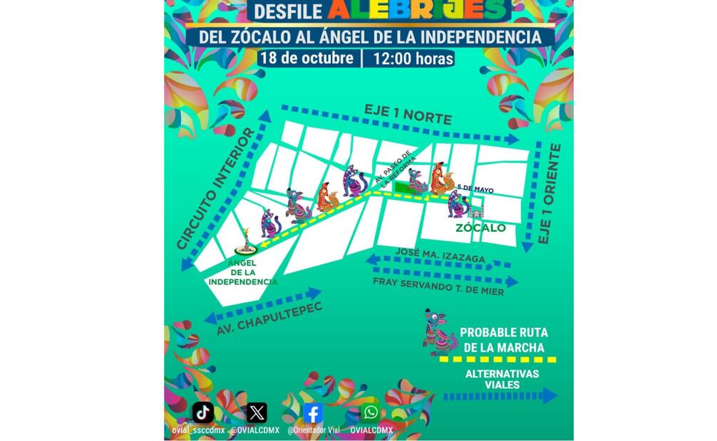 Este sábado 18 de octubre se llevará a cabo la Marcha Zombie y el Desfile y Concurso de Alebrijes Monumentales, eventos que causarán cierres viales en calles y avenidas del Centro de la Ciudad de México.
Foto: Especial.