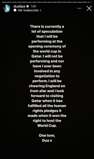 Dua Lipa desmiente que estará en la inauguración de la Copa del Mundo