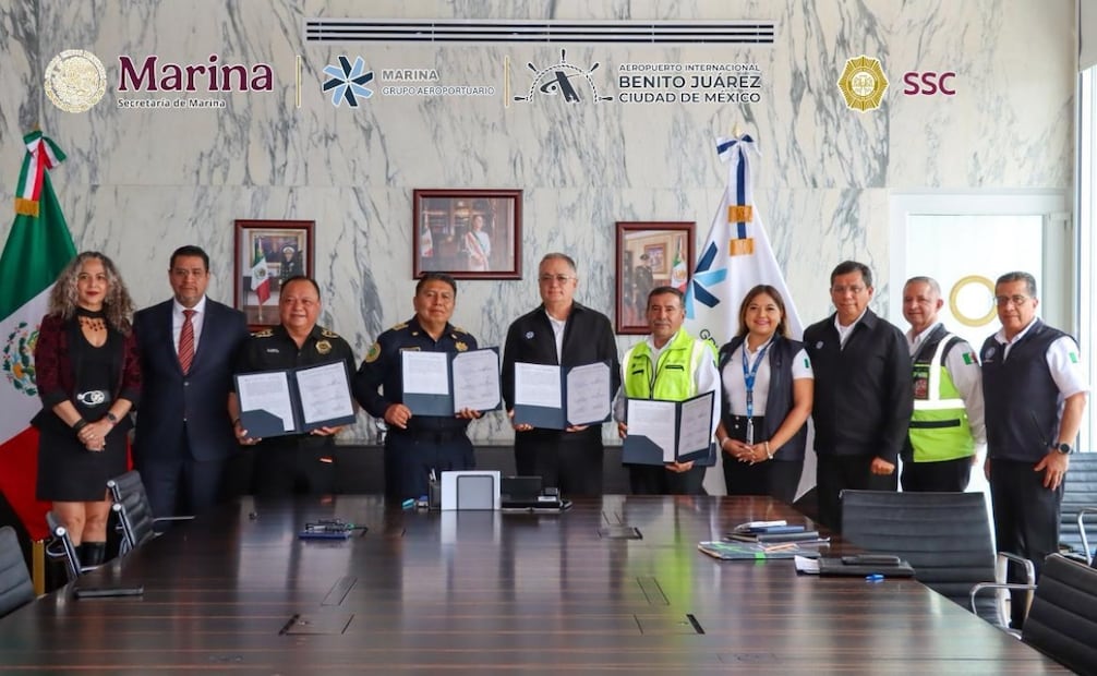 El Convenio de Concertación, fue suscrito por el Comisario General de la SSC-CDMX, Pablo Vázquez Camacho y el Almirante Juan José Padilla Olmos, director general de AICM. Foto: cortesía