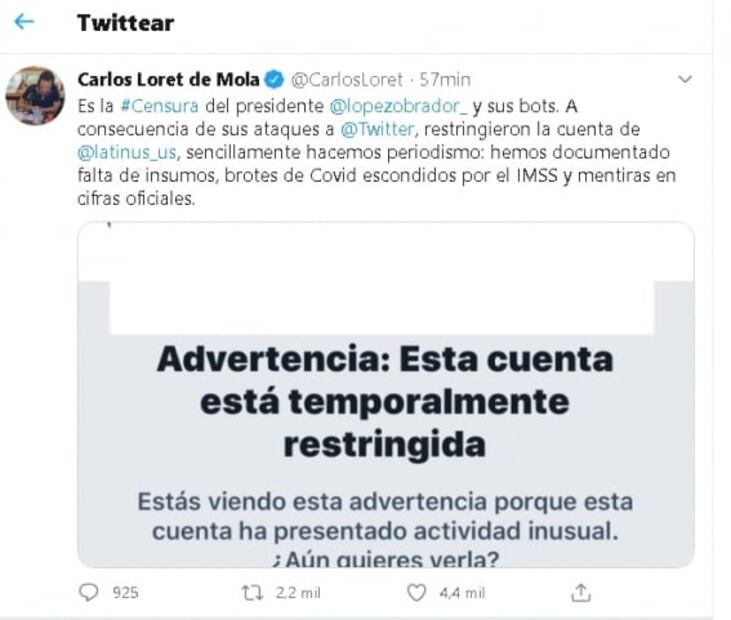Restringen cuenta de Twitter de LatinUS; Loret acusa "censura" de AMLO