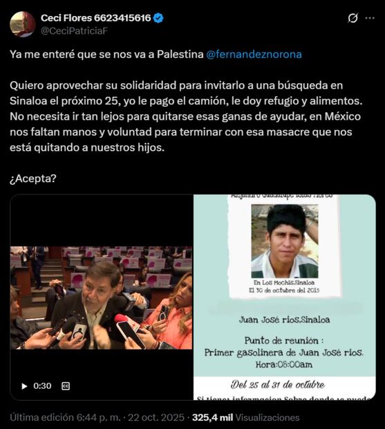 Publicación de la activista y madre buscadora, Ceci Flores. Foto: captura de pantalla