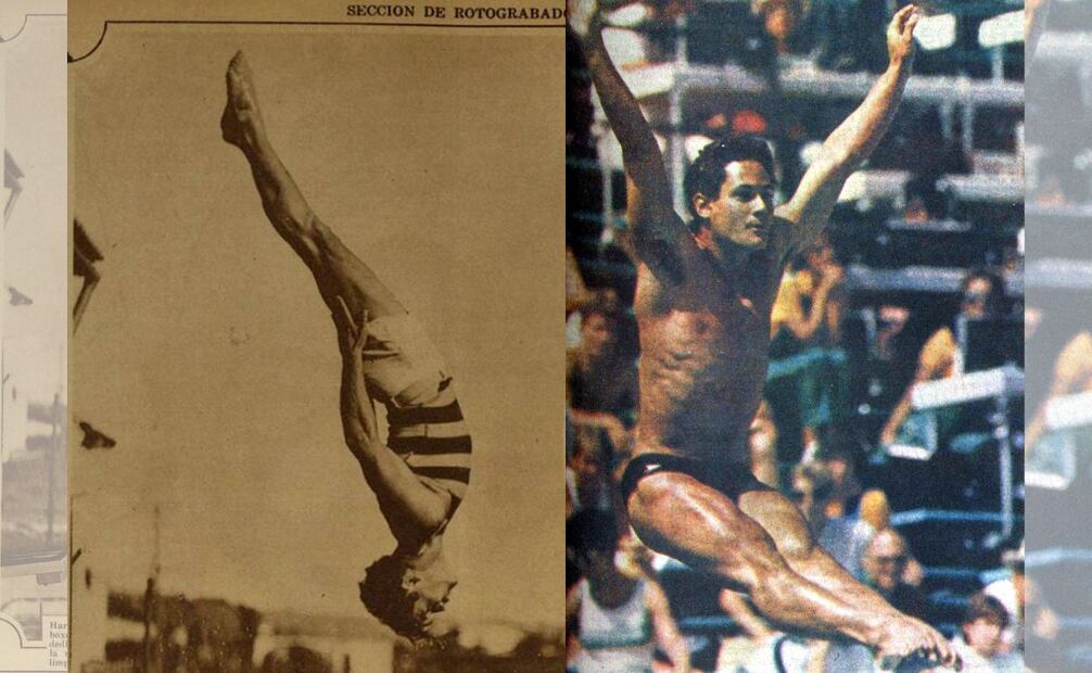 A la izquierda se ve un clavado de Harvey Parry (un estadounidense que se dedicó además al boxeo, acrobacia y actuación) ataviado con una playera a rayas sin mangas, típica de los años 20, y un short corto pero con cinturón que, sin duda, caería en desuso en cuanto hubo alternativas más cómodas. A su derecha está su compatriota Greg Louganis, durante los olímpicos de Los Ángeles 1984, que aunque ocurrieron hace 40 años ya mostraban la tendencia al traje tipo bikini para los buzos. Archivo EL UNIVERSAL.