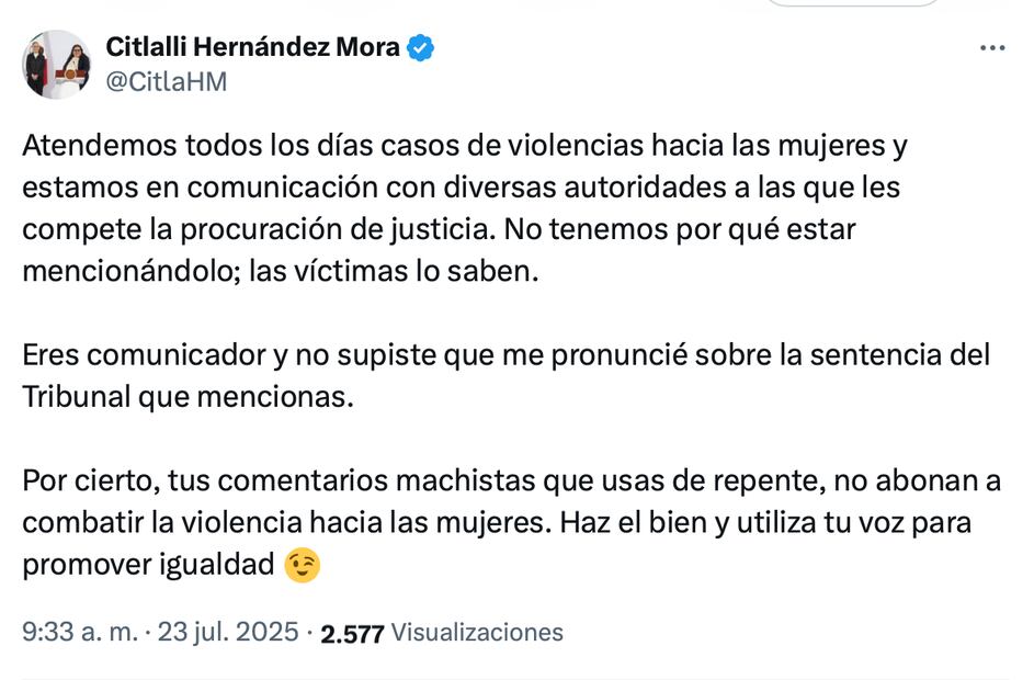 Citlalli Hernández reafirma compromiso contra discursos machistas tras polémica con Chicharito. Foto: Captura de pantalla