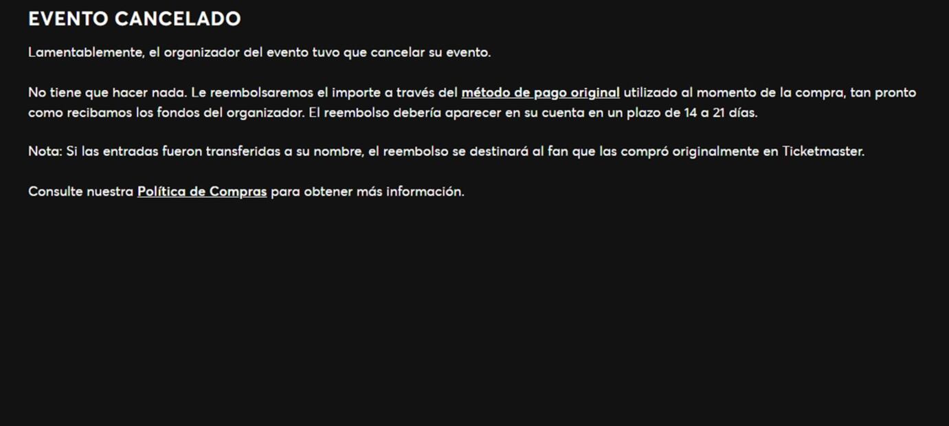 Ticketmaster ya publicó información para el proceso de reembolso. Foto: Captura de pantalla.