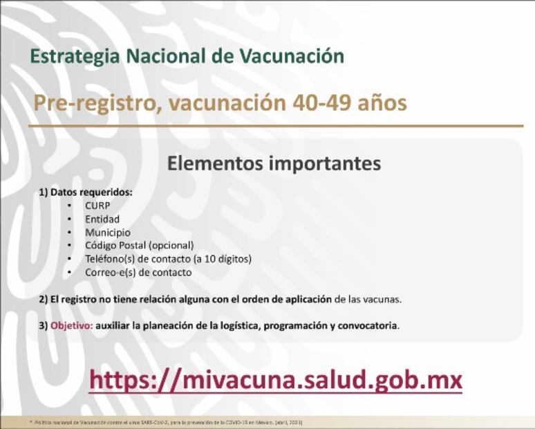 Próxima semana inicia vacunación contra Covid para adultos de 40 a 49 años; ya pueden registrarse