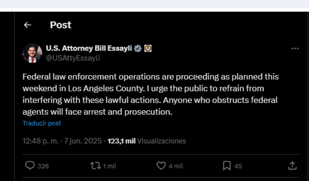 Bill Essayli a través de X. Foto: captura de pantalla - @USAttyEssayli