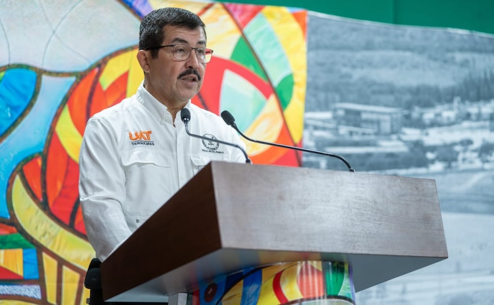 Dámaso Anaya Alvarado, rector de la Universidad Autónoma de Tamaulipas (UAT) durante entrega de la Beca Futuro Tamaulipas (14/08/2025). Foto: Especial