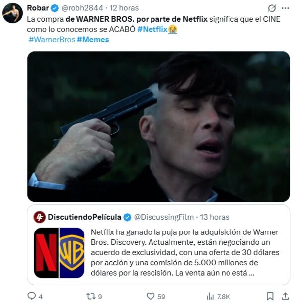 Los mejores memes de la compra de Warner Bros Discovery por parte de Netflix; así reaccionaron en X. Fuente: X