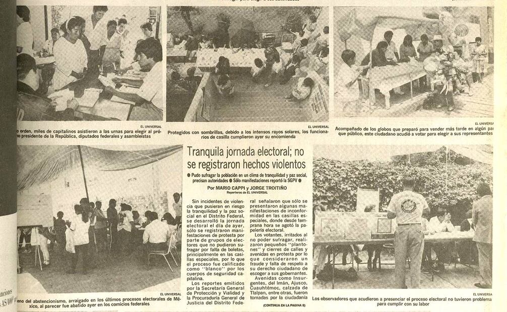 En 1994 al inicio se habló de una jornada electoral pacífica, pero al ser las primeras elecciones presidenciales en implementar casillas especiales poco después trascendieron los casos de violencia por falta de boletas. Hemeroteca EL UNIVERSAL.