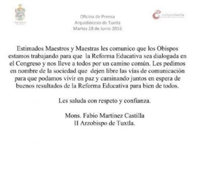 Obispos piden diálogo con docentes en Chiapas