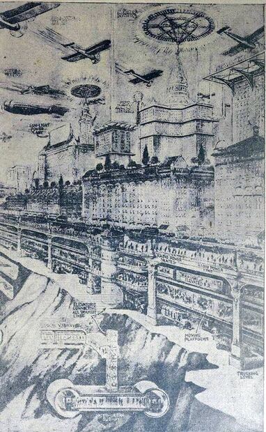 De arriba hacia abajo, el esquema de Gernsback representaba rascacielos con lo que hoy llamamos helipuertos, su anillo periférico de varios niveles, y bajo tierra, dos sistemas de metro con diferente profundidad. Hemeroteca EL UNIVERSAL.