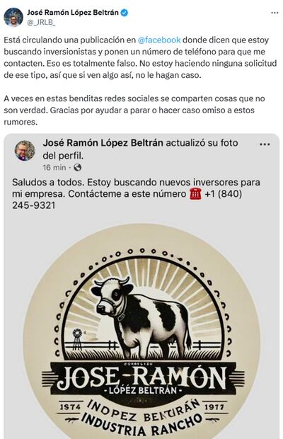 José Ramón hizo un llamado a hacer caso omiso a dicha publicación. Foto: X