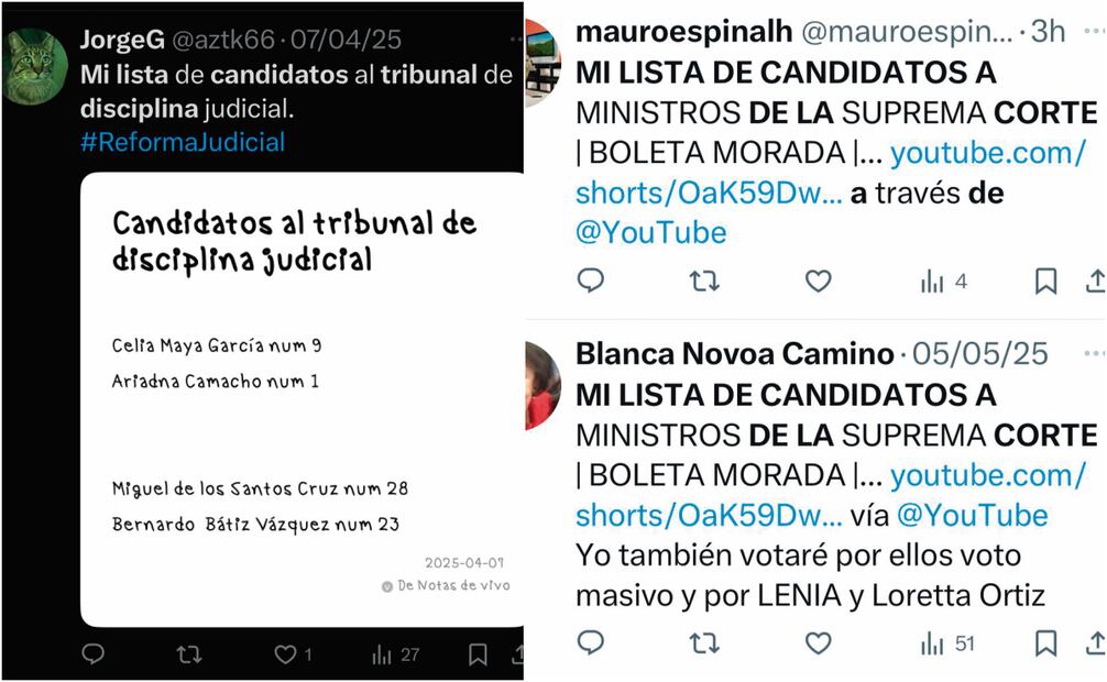 Personajes ligados a la Cuarta Transformación hacen públicas sus intenciones de voto para el próximo 1 de junio, como Manuel Pedrero, que se identifica como periodista y es cercano a la 4T; Fabrizio Mejía, escritor y analista, y Aleida Hernández, abogada y analista política en Canal Once y Canal 22. Fotos: Captura de pantalla