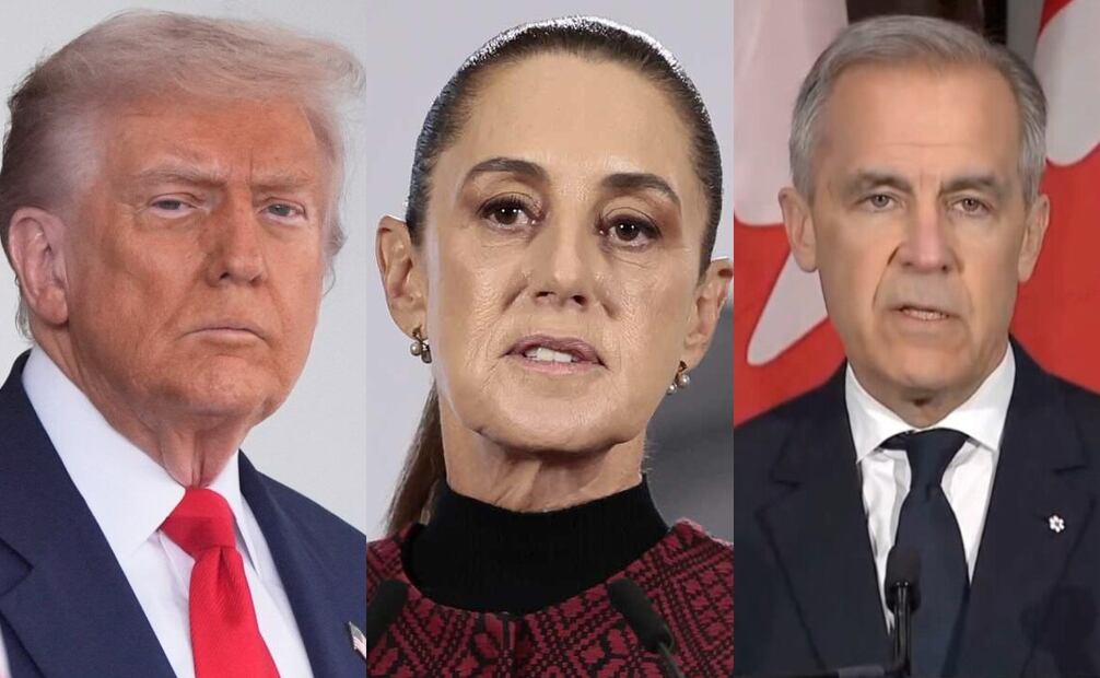 Los presidentes de Estados Unidos, Donald Trump, y de México, Claudia Sheinbaum, además del primer ministro de Canadá, Mark Carney. Foto: especial