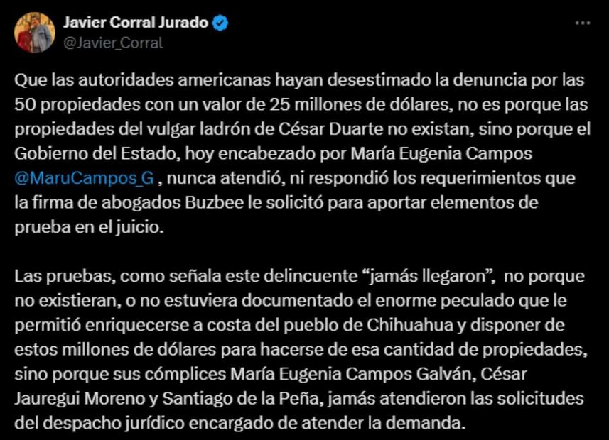Javier Corral condena que EU desestime demanda contra César Duarte. Foto: Captura