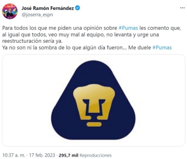 José Ramón Fernández hace dura crítica a Pumas: “Ya no son ni la sombra de lo que algún día fueron”