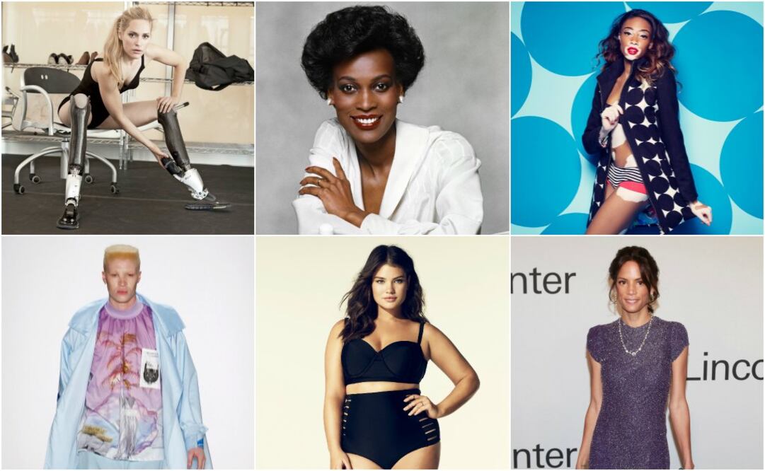 De izquierda a derecha: Aimee Mullins, Naomi Sims, Winnie Harlow, Shaun Ross, Tara Lynn, y Veronica Webb