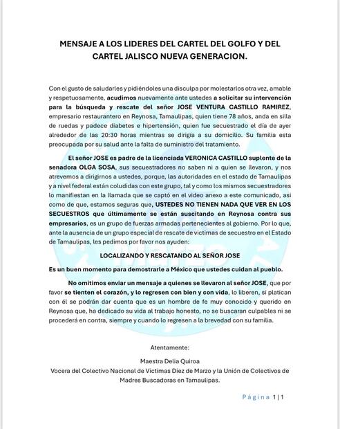 Colectivo Diez de Marzo, pidió nuevamente la intervención del Cártel del Golfo y Jalisco Nueva Generación que intervengan en la búsqueda y localización del empresario José Ventura Castillo Ramírez. Foto: Especial