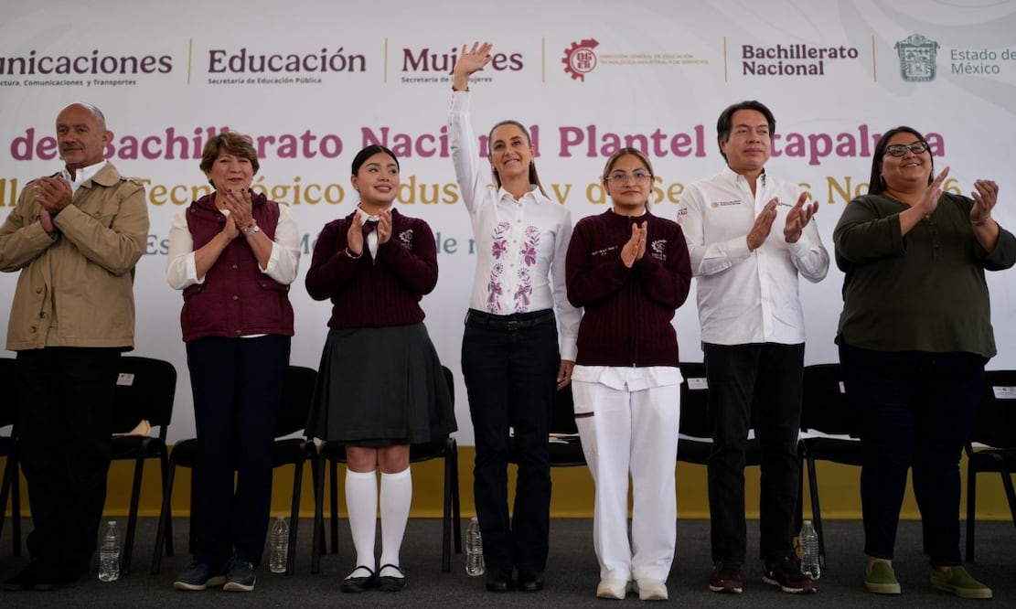La presidenta Claudia Sheinbaum durante la inauguración del Bachillerato Nacional en Chimalhuacán. Foto: Cortesía.