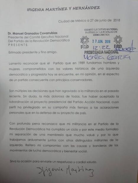 Ifigenia Martínez renuncia al PRD