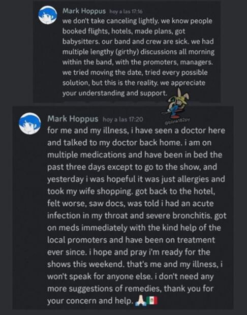 Este es el mensaje que Hoppus escribió para sus fans mexicanos. Foto: Captura de Pantalla