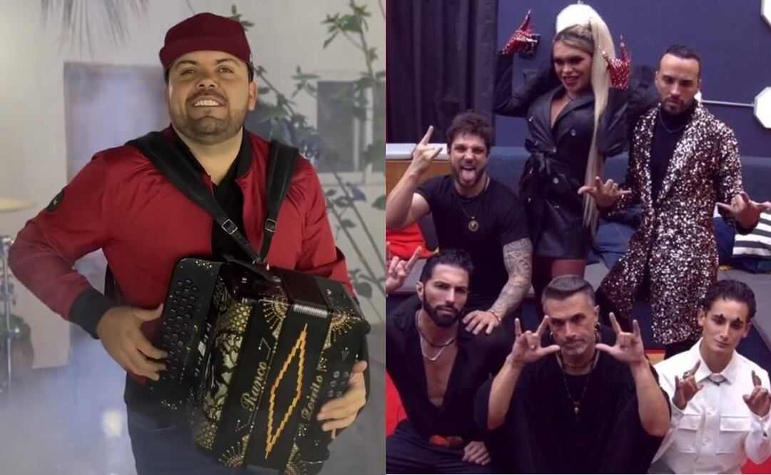 Uno de los integrantes de Grupo Rejego y las celebridades participantes de "La casa de los Famosos". Fotos: Captura vía Facebook/ Captura.