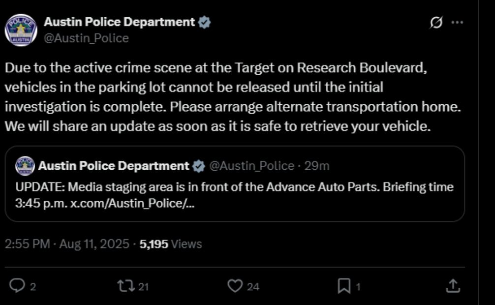 Policía de Austin, Texas, informa del tiroteo en un Target. (11/08/25) Foto: Captura de pantalla