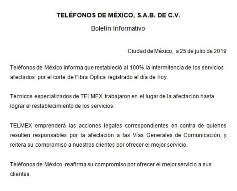 Telmex restablece servicios de internet