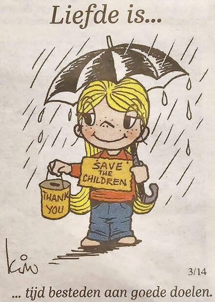 “Amor Es… dedicar tiempo a obras de caridad”, viñeta de “Liefde Is…” para De Telegraaf de Países Bajos. De acuerdo con Bill Asprey, hubo una versión diferente de Love Is…, creada para el diario The Mail, con mini-Kim y mini-Roberto usando ropa. Foto: Stichting Zeldzame Ziekten Fonds/De Telegraaf/ESPECIAL/Tomada de Facebook.