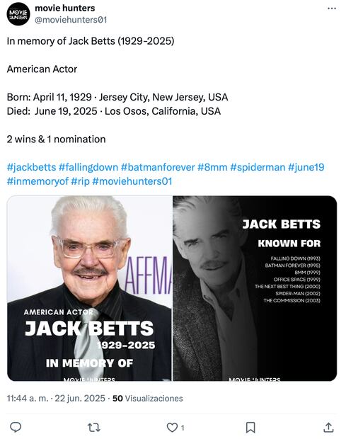 Muere el actor Jack Betts a los 96 años. Foto:@moviehunters01