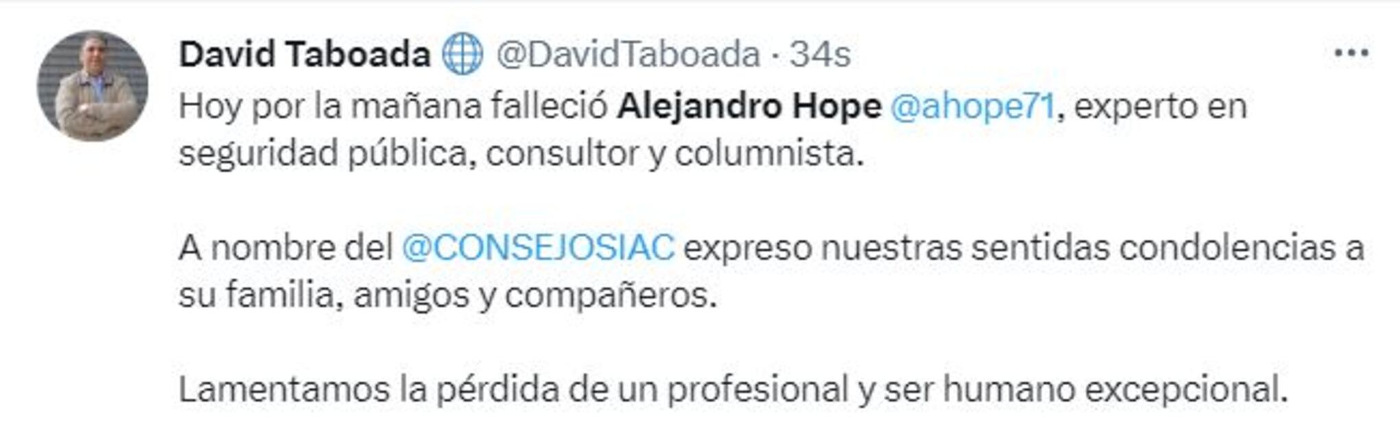 Condolencias por el fallecimiento del columnista Alejandro Hope