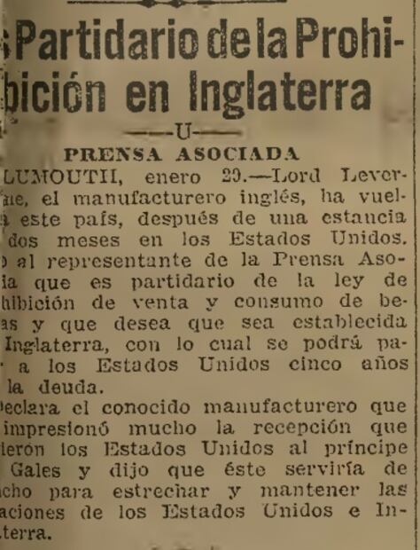 "Entró en vigor la ley de prohibición", así reportó El Universal la Ley Seca en EU en 1920