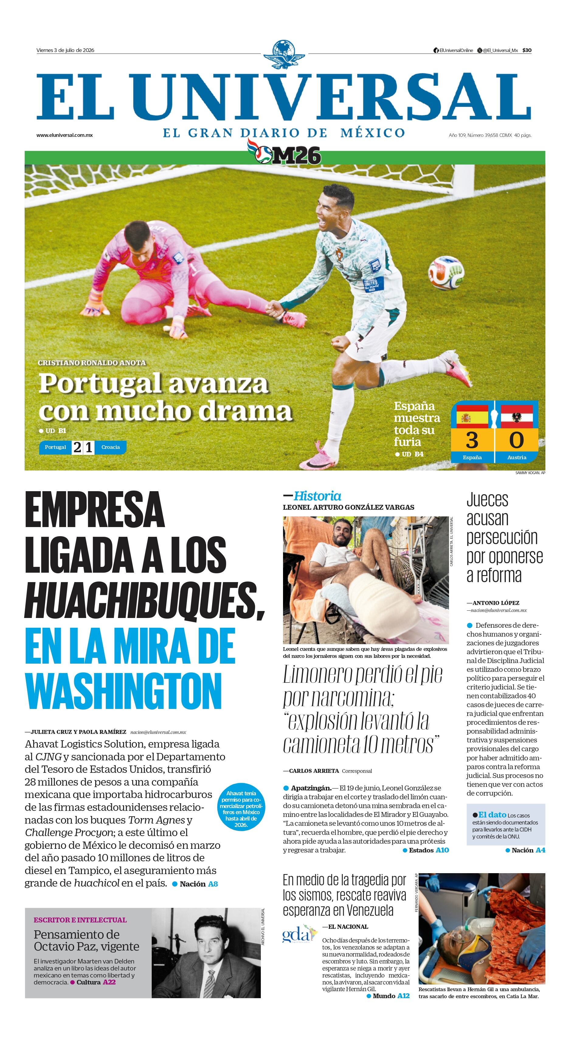 Portada impresa del 3 de julio de 2026